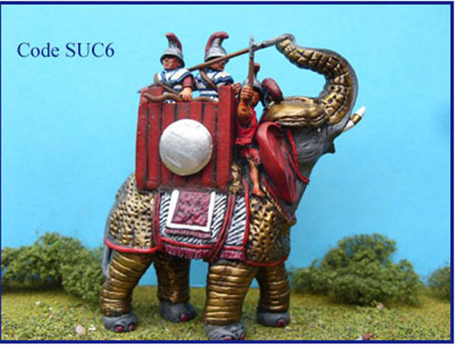 SUC 6 Armoured elephant. Driver, pikeman and archer in linen cuirass and Sidon type helmet.