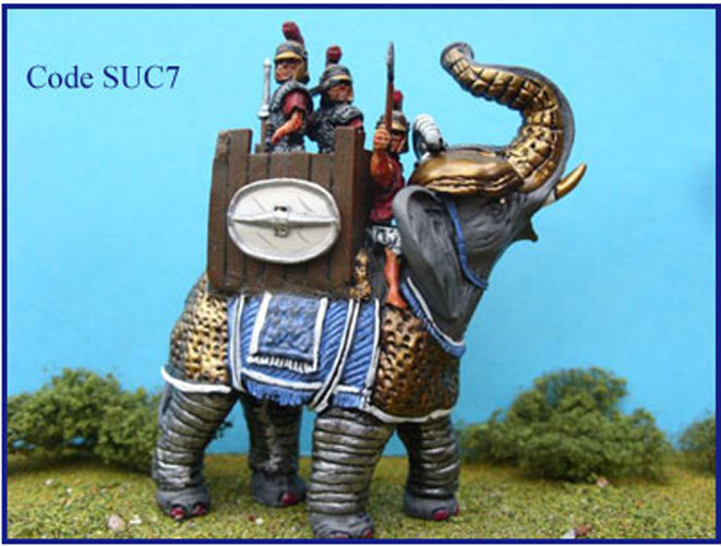 SUC 7 Armoured elephant. Driver. 2 crew in mail and Ascalon type helmet with javelin & pilum.